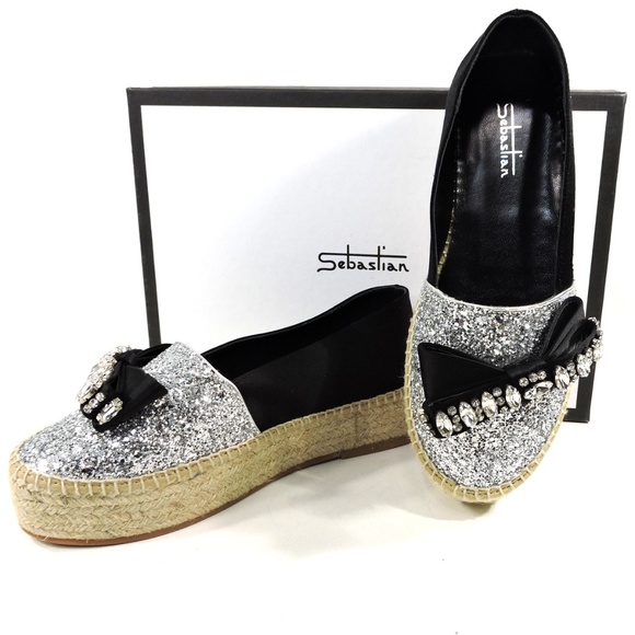SEBASTIAN🇮🇹Women's Black Leather & Glitter Comfort Espadrilles Loafers 8 Size